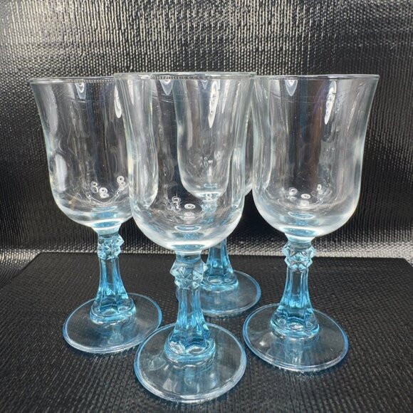 Cristal D’Arques Durand Aqua Blue Stemmed Cordial Glasses Cups Goblets Set 4 VTG - Picture 1 of 9